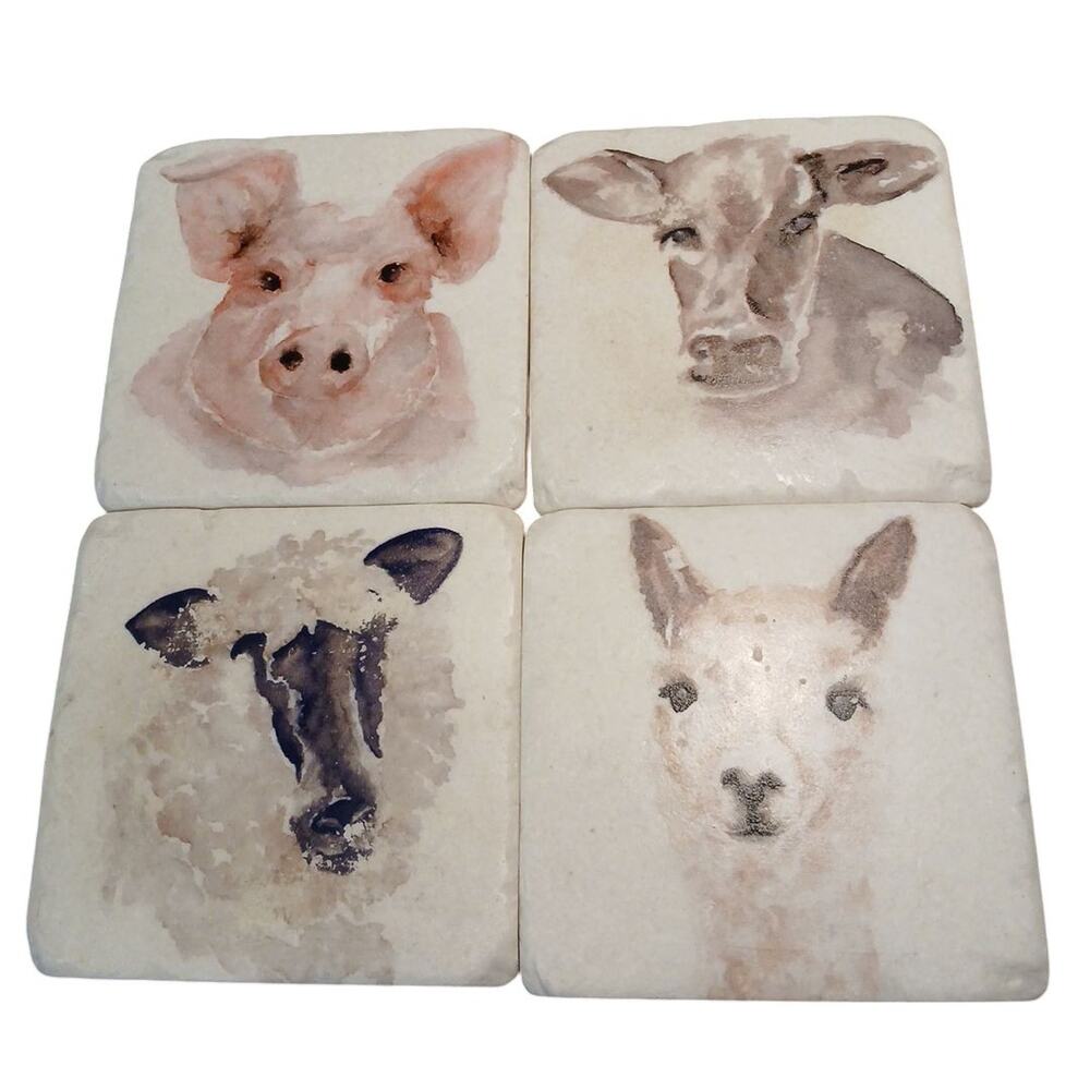 Vintage Farm Style Ceramic Tile Coasters Set Of 4 Llama‎ Sheep Pig Cow 3.75"Sq.